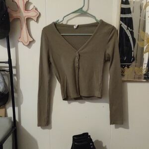 Active USA Khaki V-Neck Buttoned Women's Top